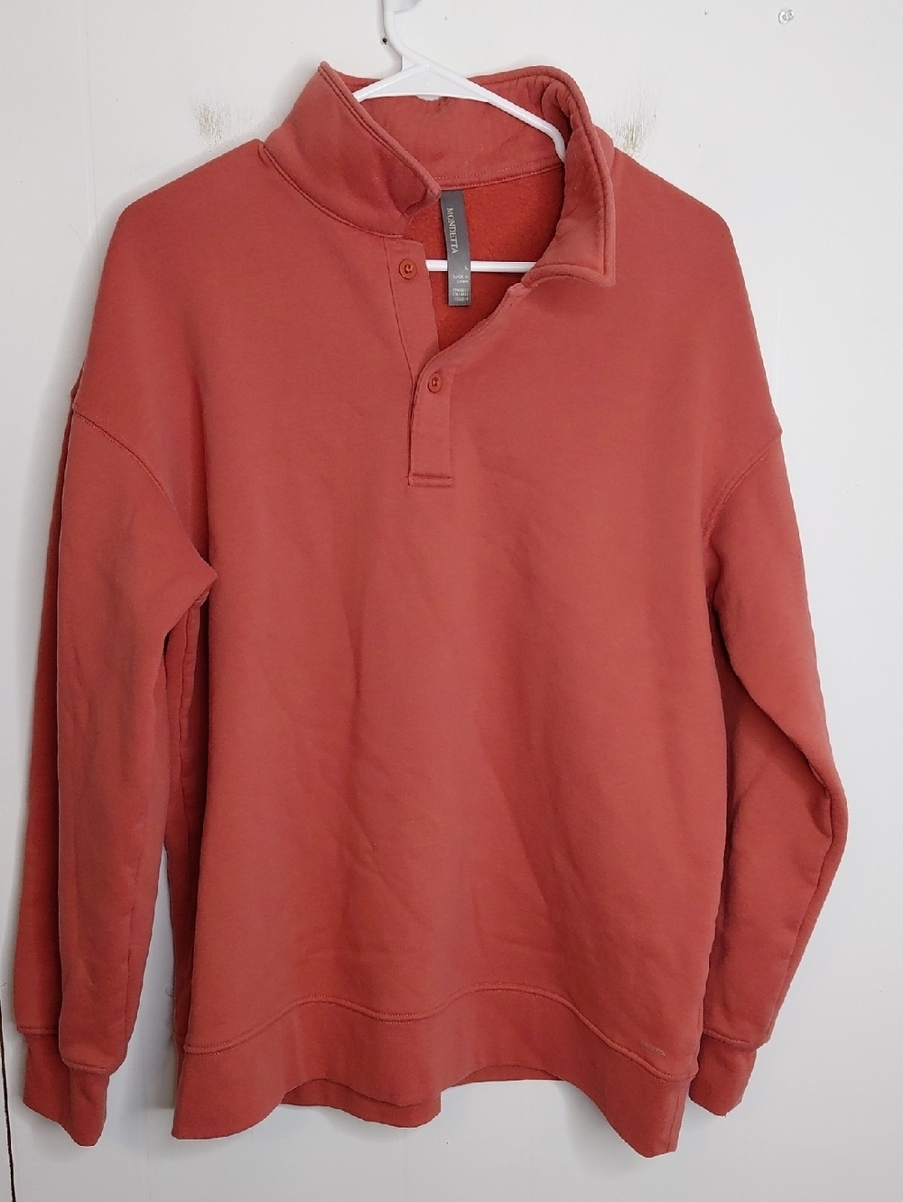 Mondetta Sweater Womens Large Pullover Mock Neck Quarter Button Coral Athleisure